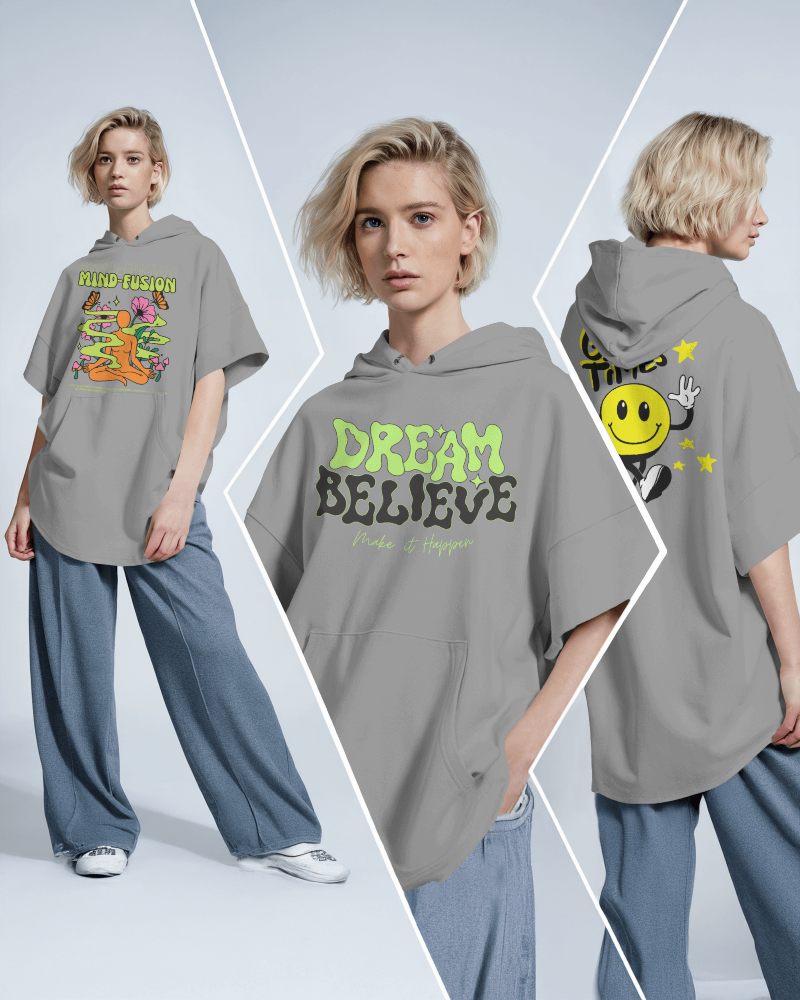 Casual White Oversized Hoodie Mockup Female Model Paired With Wide Leg Jeans Modern Look