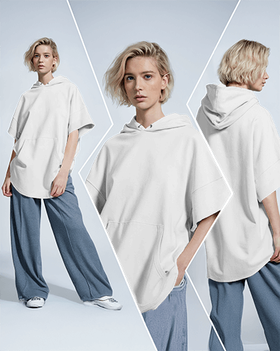 Casual White Oversized Hoodie Mockup Female Model Paired With Wide Leg Jeans Modern Look