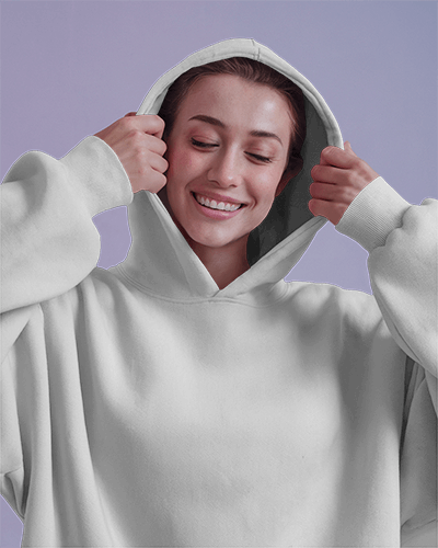Oversized Hoodie Mockup Woman Smiling Soft Pastel Background Cozy And Relatable Style
