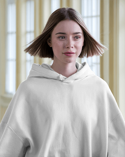 Classic Hoodie Mockup Woman In Soft Interior Lighting Relaxed Homewear Vibe