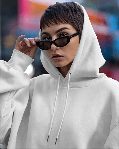 White Hoodie Mockup Woman In Sunglasses Night Street Background Bold And Edgy Look