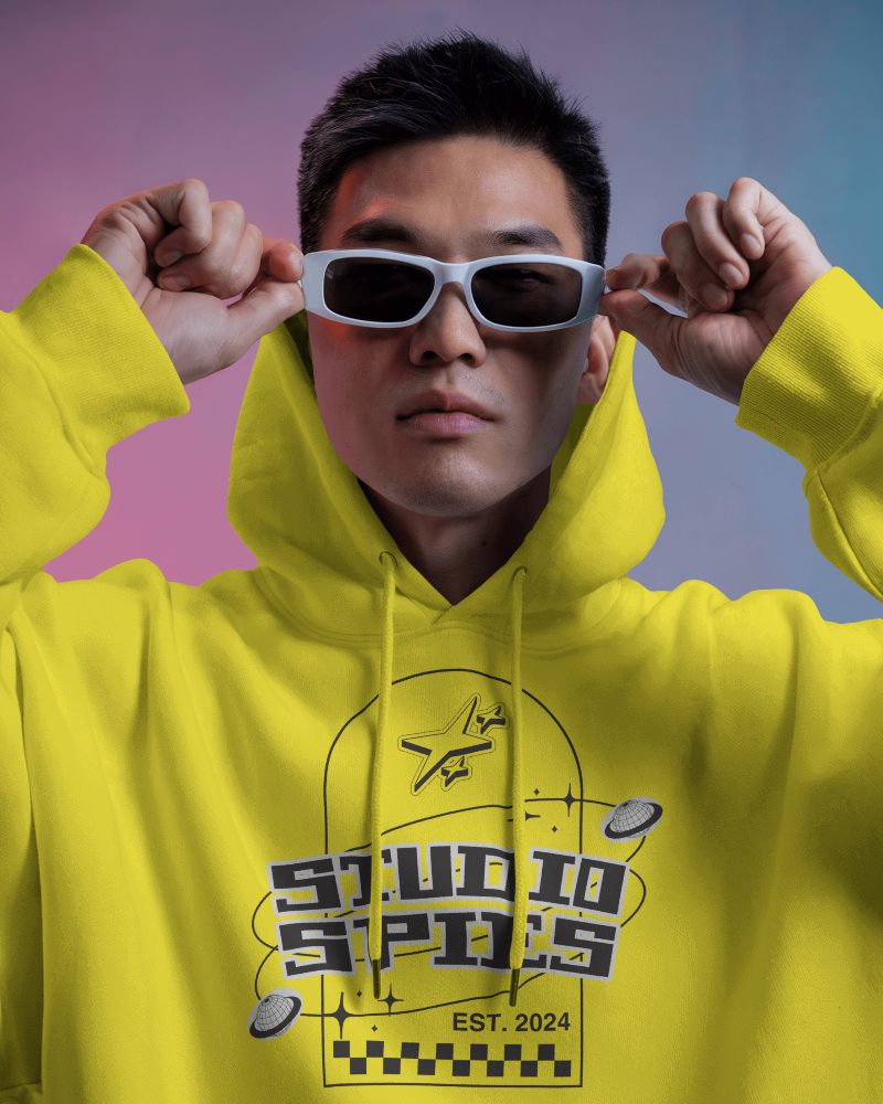 Pullover White Hoodie Mockup Man In Sunglasses Studio Shot Modern And Cool Vibe