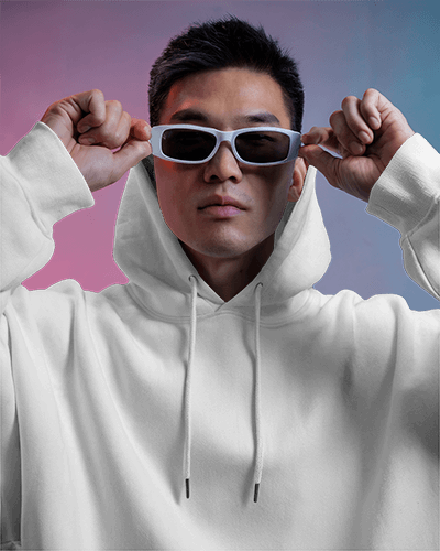 Pullover White Hoodie Mockup Man In Sunglasses Studio Shot Modern And Cool Vibe