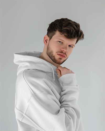 Young Male Model With Frizzy Hair Wearing Hoodie Mockup In Minimalistic Background Scene5