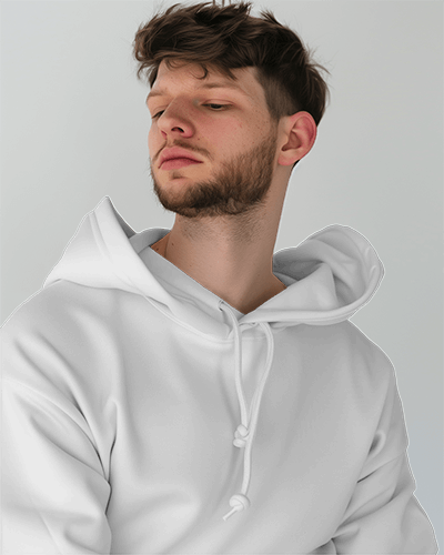 Young Male Model With Frizzy Hair Wearing Hoodie Mockup In Minimalistic Background Scene3