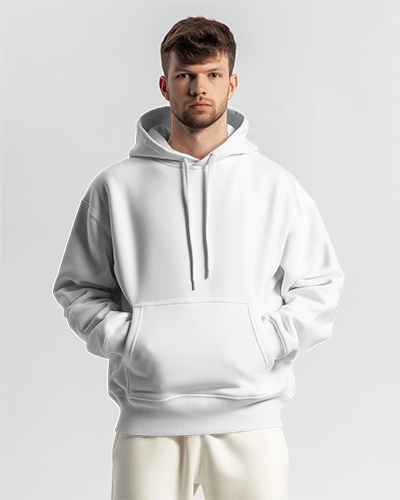 Young Male Model With Frizzy Hair Wearing Hoodie Mockup In Minimalistic Background Scene1