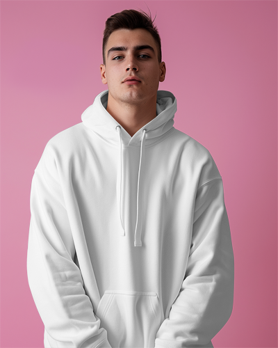 Model Posing In White Hoodie Mockup With Pink Studio Behind Him