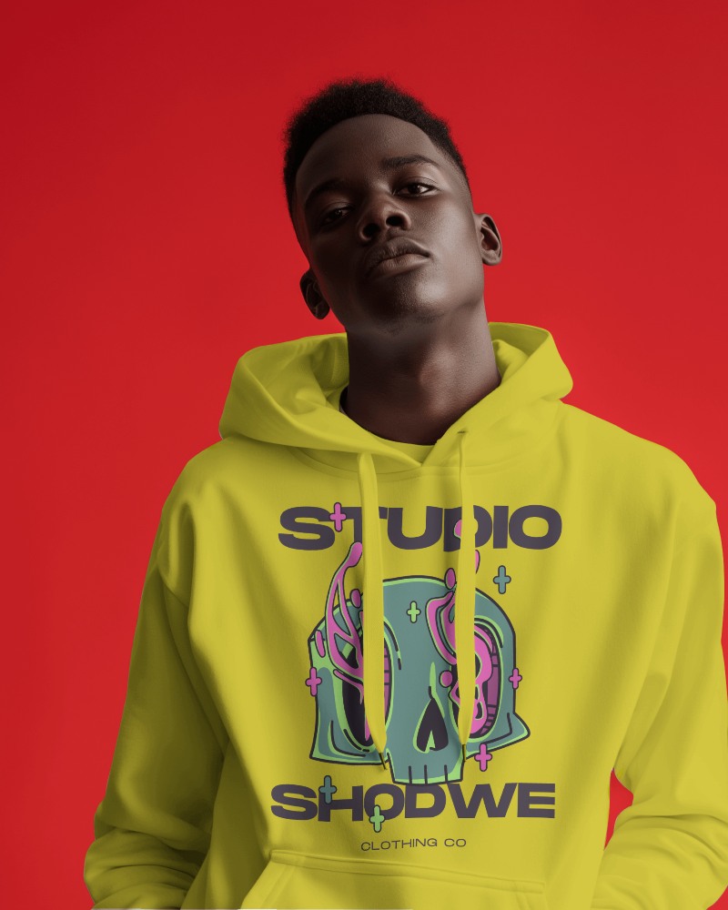 Black Man Posing In White Hoodie Mockup Against Red Background