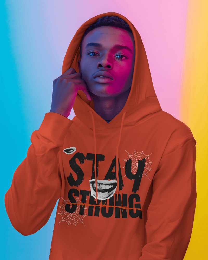 Black Man Posing In White Hoodie Mockup Vibrant Studio Setting