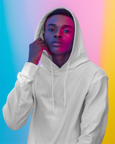 Black Man Posing In White Hoodie Mockup Vibrant Studio Setting