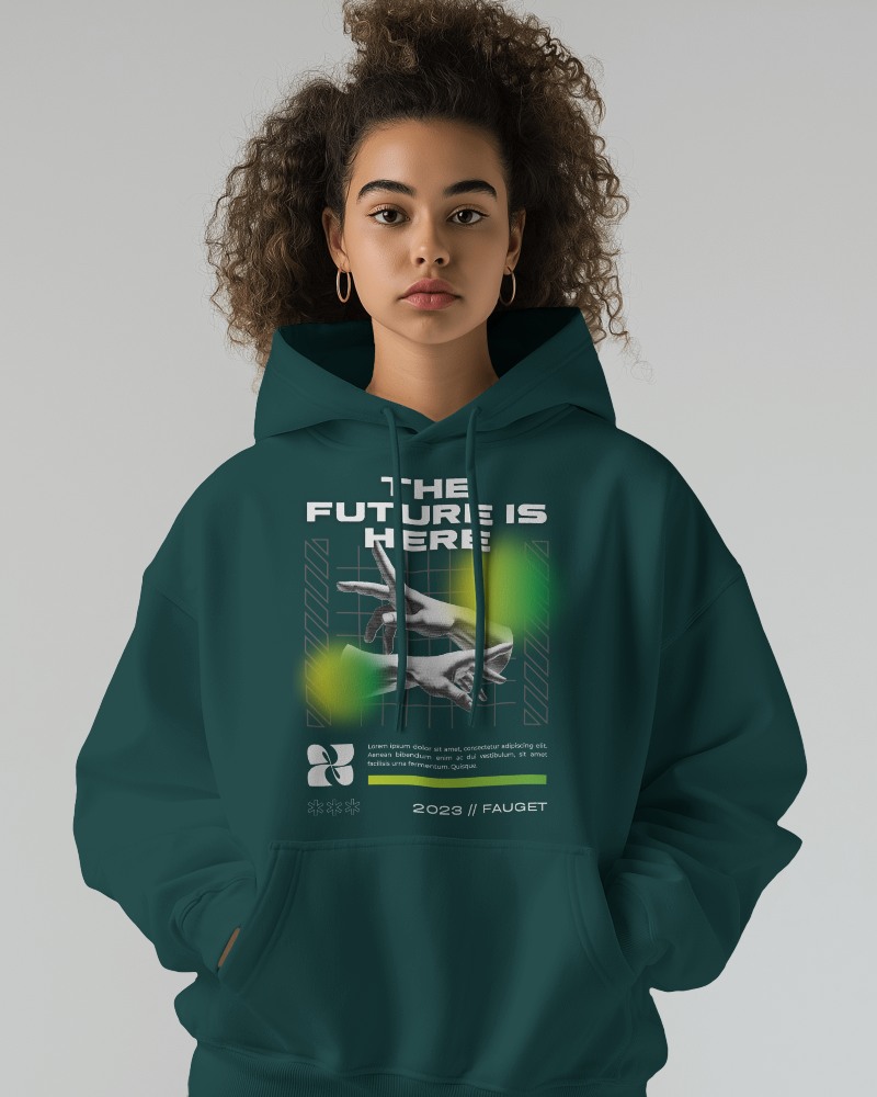 Female Model In Hoodie Mockup Standing Against Bright Light With Intense Look