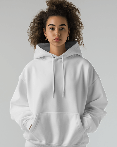 Female Model In Hoodie Mockup Standing Against Bright Light With Intense Look