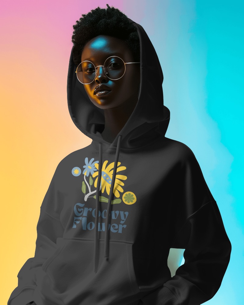 Female Model In Hoodie Mockup With Sunglasses Against Gradient Background
