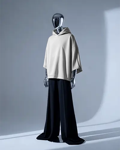 Futuristic Metallic Mannequin Hoodie Mockup Under Soft Blue Studio Lighting