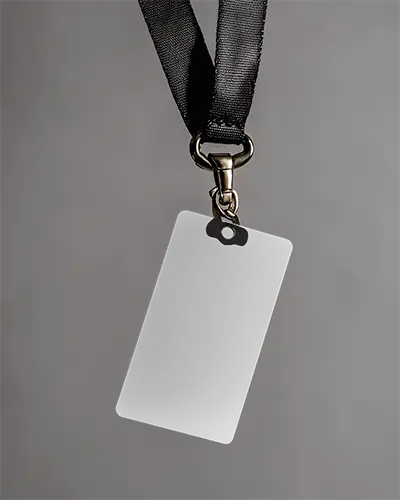 Sleek Company Id Mockup Professional Employee Name Tag Floating Against Blurred Background Elegant Branding