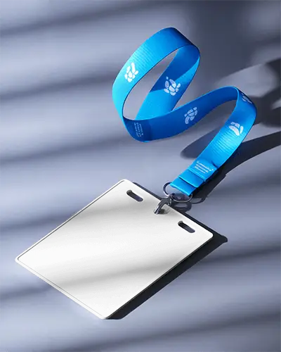 Premium Conference Id Card Mockup Elegant Badge With Blue Lanyard On Stylish Background Professional Branding Showcase