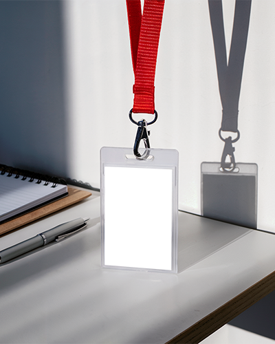 Professional Id Card Template With Bright Sunlight Hanging Lanyard And Organized Workspace