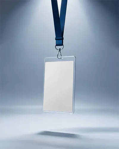 Professional Id Card Design Template Hanging With Blue Lanyard And Stylish Gradient Light Background