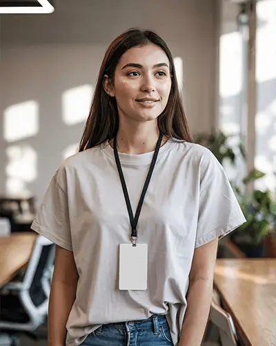 Wearable Id Card Design Mockup In Natural Light Office Setting With Confident Person Model And Black Neck Strap