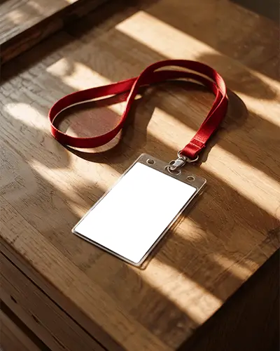 Corporate Id Card Mockup In Horizontal Orientation With Clear Case And Vibrant Red Neck Strap Positioned Under Warm Natural Sunshine