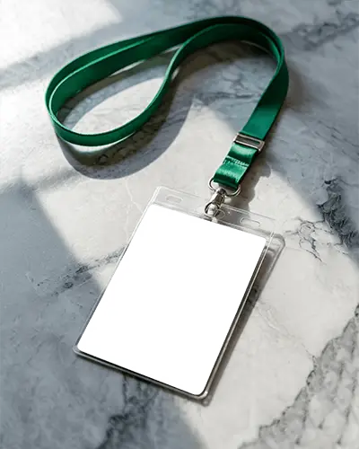 Mockup Of Modern Id Tag With Clear Case And Green Lanyard On White Grey Marble Background In Bright Office Light Setting