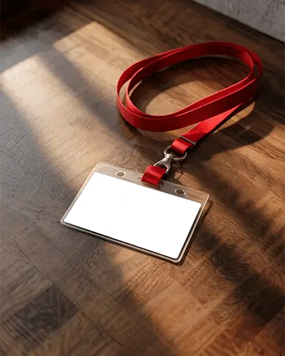 Horizontal Id Card Design On Classic Wooden Background Featuring Bold Red Neck Strap And Authentic Daylight Shadows