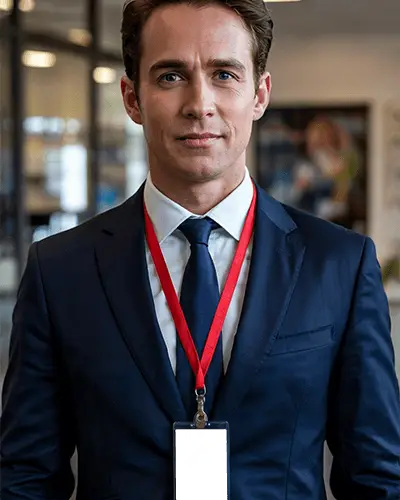 Realistic Id Tag Worn By Business Professional With Red Lanyard In Contemporary Workplace For Branding Presentation