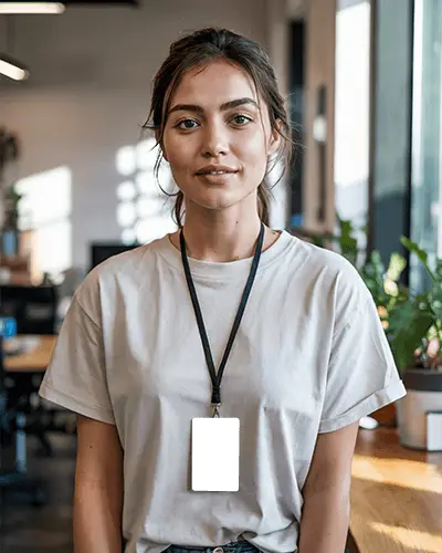 Editable Id Card On Casual Dressed Female Worker Standing In Open Plan Co Working Space With Natural Light Modern Furniture And Relaxed Vibe