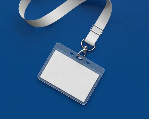 Horizontal Id Card Mockup Attached To Lanyard On Blue Background Corporate Look