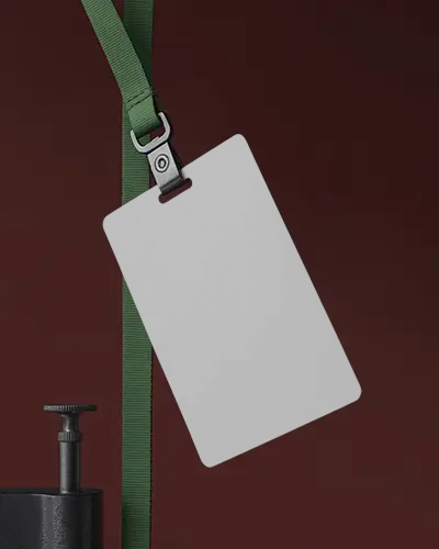 Vertical Id Card Mockup With Green Lanyard On Dark Red Background Modern Brand Display