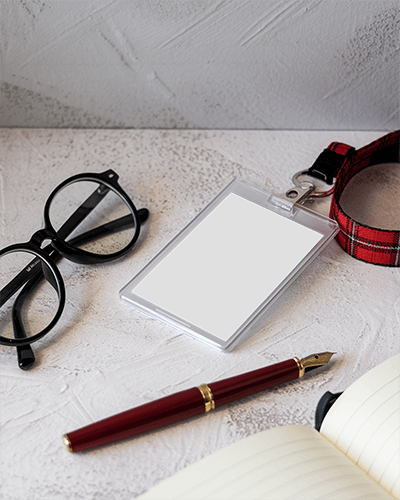 Id Card Mockup Clear Holder With Customizable Insert On Textured Desk With Glasses Pen And Notebook Professional And Minimalist Design 019