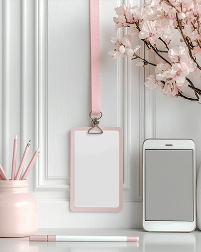 Id Card Mockup Pastel Pink Holder With Matching Lanyard Hanging Against Elegant White Paneling Surrounded By Blossoms Pencils And Smartphone Soft And Feminine Aesthetic 021