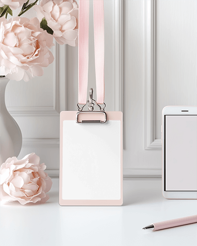 Id Card Mockup Pastel Pink Holder With Matching Lanyard Hanging Against Elegant White Paneling Surrounded By Blossoms Pencils And Smartphone Soft And Feminine Aesthetic 022