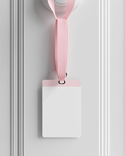 Id Card Mockup Elegant White Badge With Pink Lanyard Hanging On Classic Paneled Door Soft And Feminine Touch 024