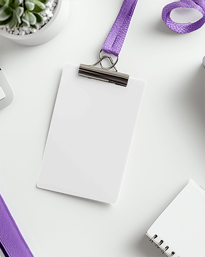 Id Card Mockup Modern Office Setup With Purple Lanyard On White Desk Stationery And Greenery Minimal And Professional 025