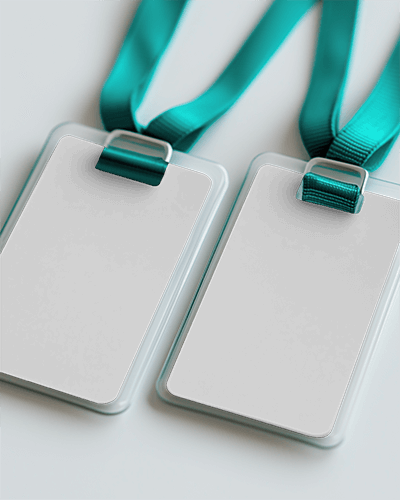 Id Card Mockup Dual Clear Badge Holders With Teal Lanyards On Light Surface Modern And Professional Design 026