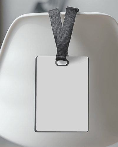 Id Card Mockup Black Bordered Badge With Dark Lanyard Hanging On Modern White Chair Sleek And Professional Design 027