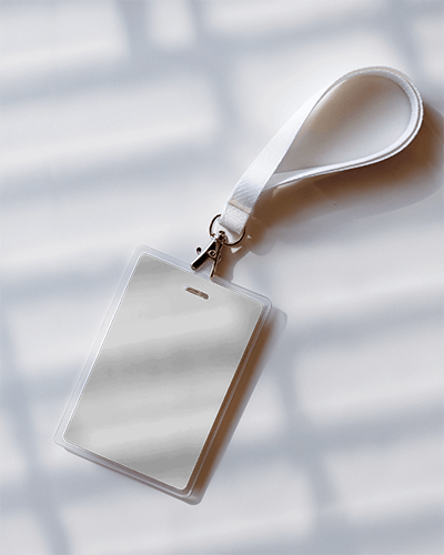 Id Card Mockup White Lanyard Looped On Reflective Surface With Geometric Shadow Pattern Premium And Clean 031
