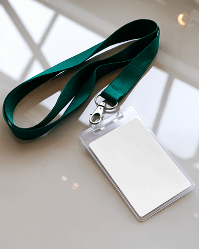 Id Card Mockup Deep Green Lanyard On Reflective Table Natural Lighting Premium And Refined 036