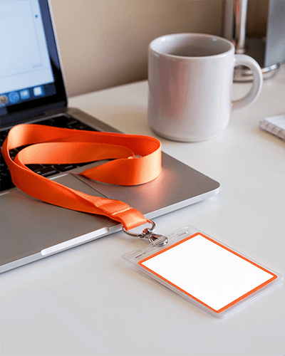 Id Card Mockup On Laptop With Coffee Cup Modern And Productive Setting Workspace Orange Lanyard 038