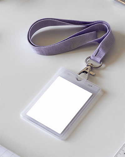 Id Card Mockup On White Desk Lavender Lanyard Clean And Modern Workspace 039