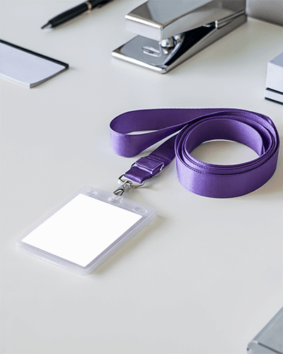 Id Card Mockup Purple Lanyard On Office Desk With Stationery And Stapler Professional Setup 041