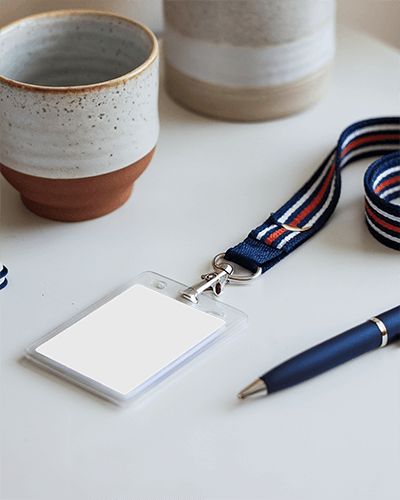 Id Card Mockup Desk Striped Lanyard Ceramic Cups And Pen Modern Workspace Aesthetic 071