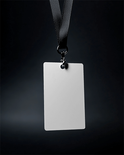 Floating Id Card Mockup With Black Lanyard On Dark Moody Background Dramatic Lighting And Luxurious Feel 074