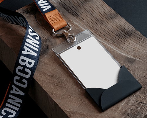 Modern Id Card Mockup On Rustic Wooden Surface With Bold Lanyard And Leather Detail Contrast Of Textures And Materials 077