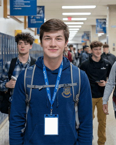 School Hallway Id Card Mockup On Smiling Student Wearing Blue Hoodie And Backpack Busy Academic Atmosphere 078