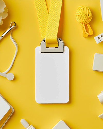 Yellow Lanyard Id Card Mockup Flat Lay On Bright Background With Office Supplies Vibrant And Minimalist Design 083