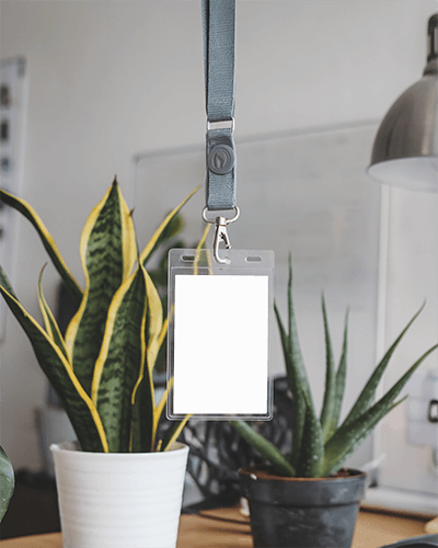 Hanging Id Card Mockup With Grey Lanyard Among Green Indoor Plants Natural And Modern Office Setting 085