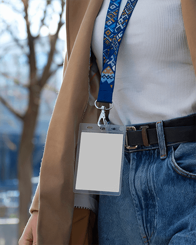Sunlit Outdoor Id Card Mockup Female Model Wearing Casual Jacket Soft Natural Lighting 088