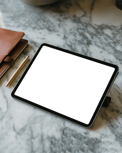 Modern Ipad Mockup Digital Tablet On Marble Surface With Leather Notebook And Gold Pen